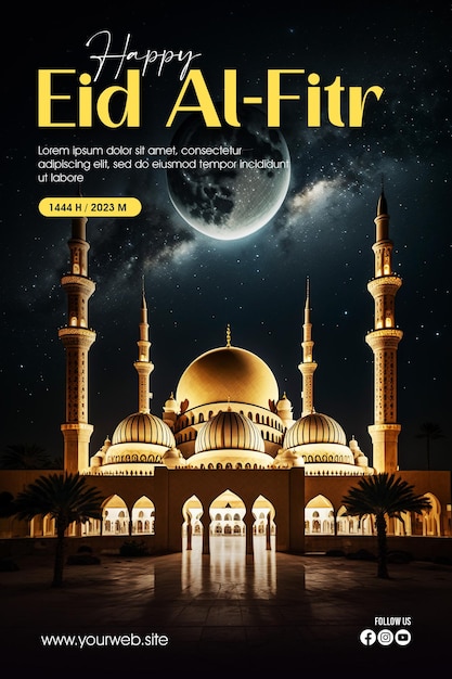 Affiche De Voeux Eid Alfitr Avec Une Mosquée Et La Lune En Arrière-plan