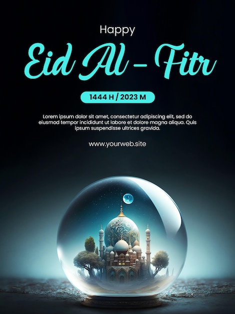 Affiche De Voeux Happy Eid Alfitr Avec Un Fond De Mosquée à L'intérieur D'une Boule De Verre Cristal