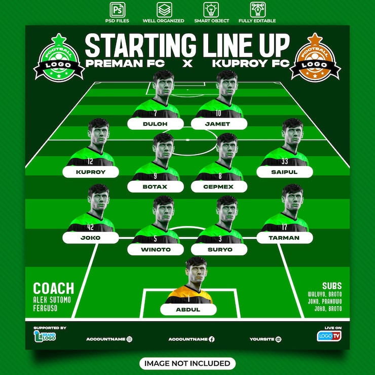 PSD afiche de la alineación inicial de fútbol o plantilla de publicación de instagram en redes sociales