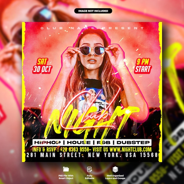 Afiche del club nocturno de dj y plantilla de banner de instagram de redes sociales