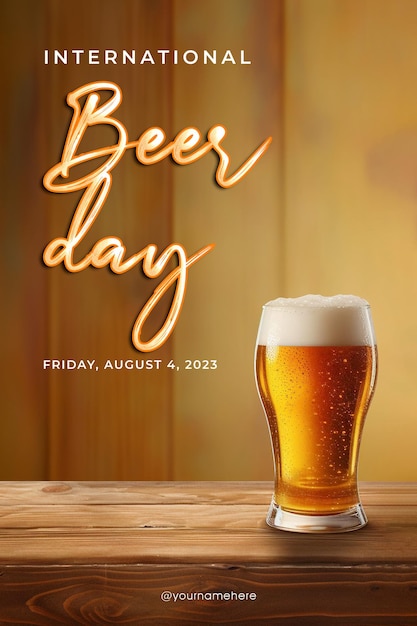PSD afiche del día internacional de la cerveza con un vaso de cerveza como fondo