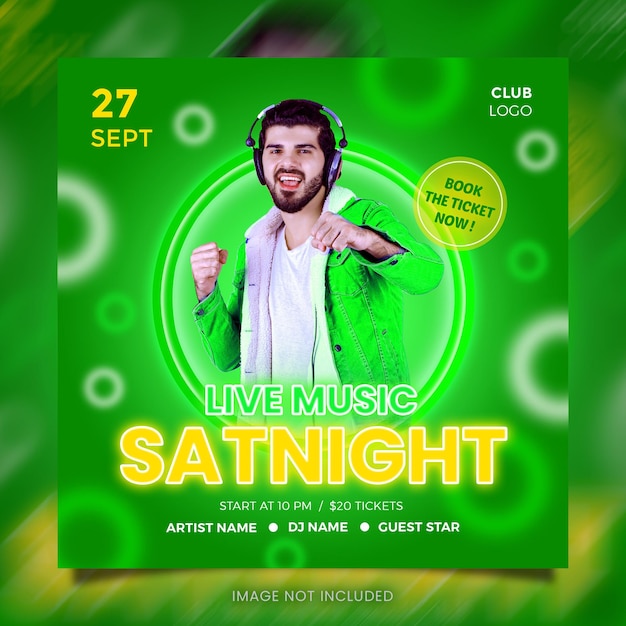 Afiche de luz verde neón para una noche de sábado con música en vivo editable en photoshop