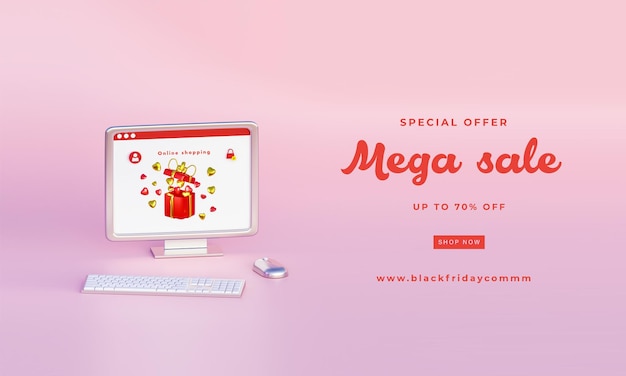 Afiche con una pantalla de computadora con una mega venta en ella 3D Render ilustración