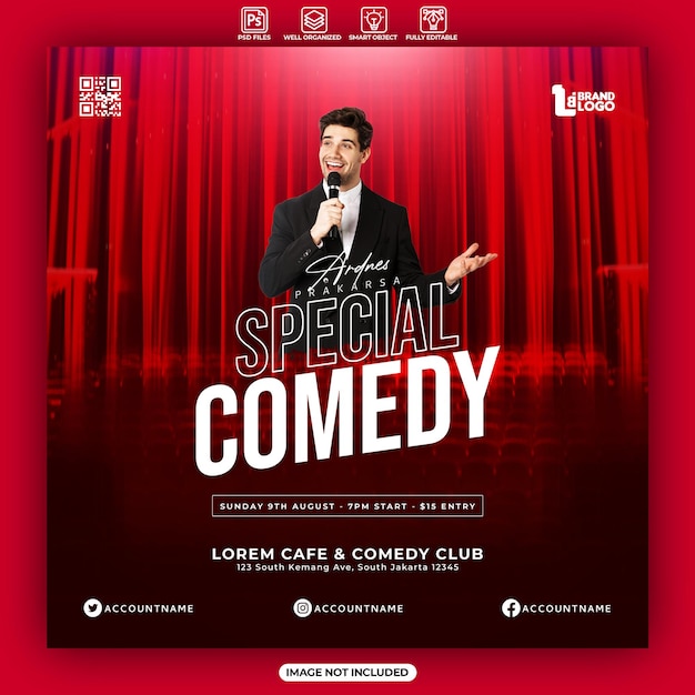 Afiche de programa de comedia especial o plantilla de publicación de Instagram en redes sociales