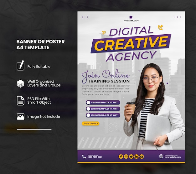 PSD afiche púrpura de la agencia creativa a4 o plantilla de banner