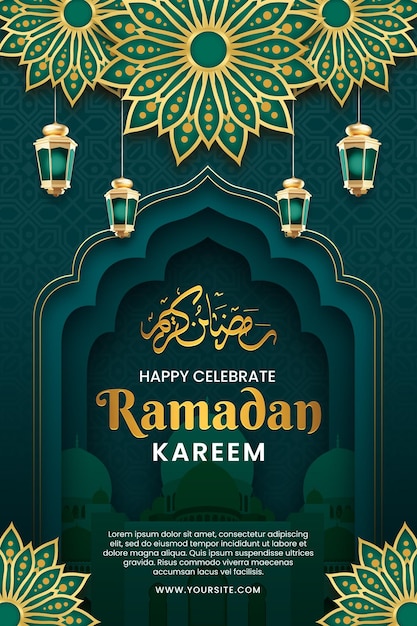 Un afiche para el ramadán con un fondo verde y las palabras felices celebran el ramadán.