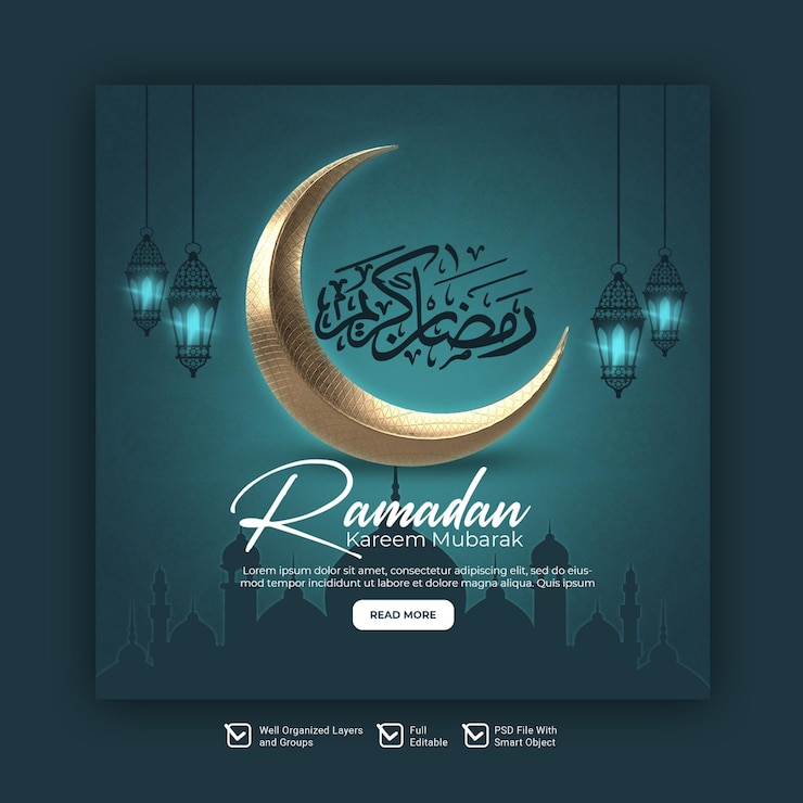PSD un afiche para ramadán con una luna creciente dorada y una lámpara sobre un fondo oscuro.