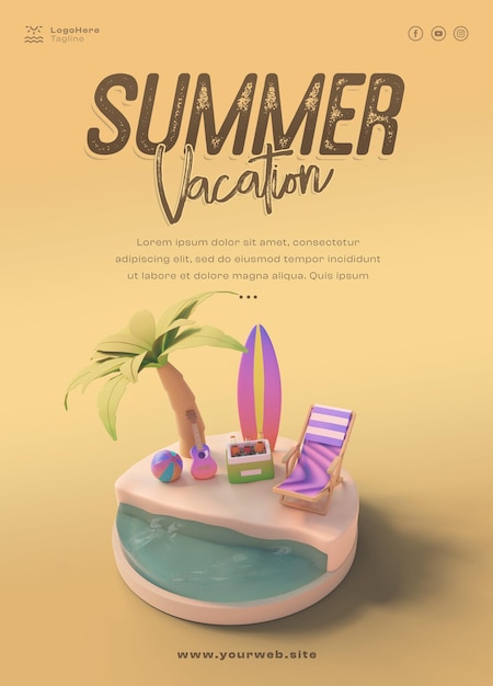 Afiche de vacaciones en 3d con concepto de verano útil para publicaciones en redes sociales, etc.