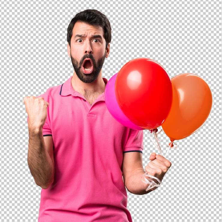 PSD afortunado apuesto joven sosteniendo globos