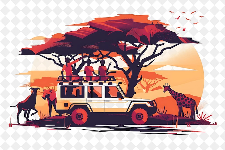 PSD african savannah with characters having a safari tour design people life style flat illustration