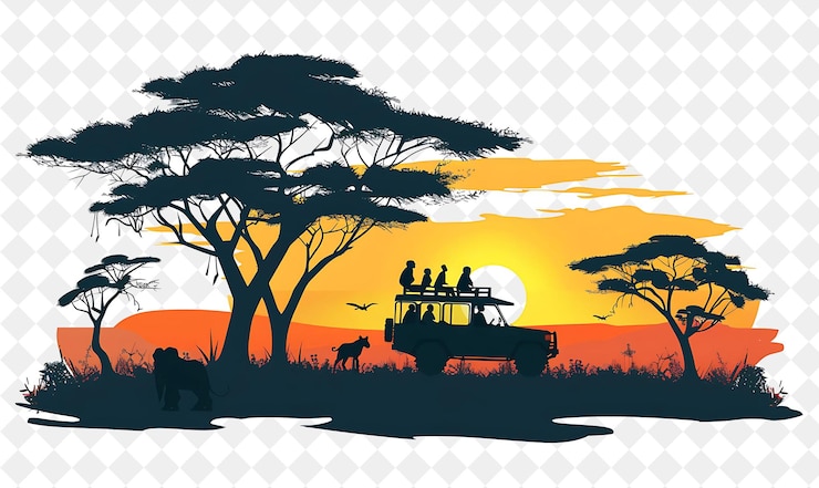 PSD african savannah with characters having a safari tour design people life style flat illustration