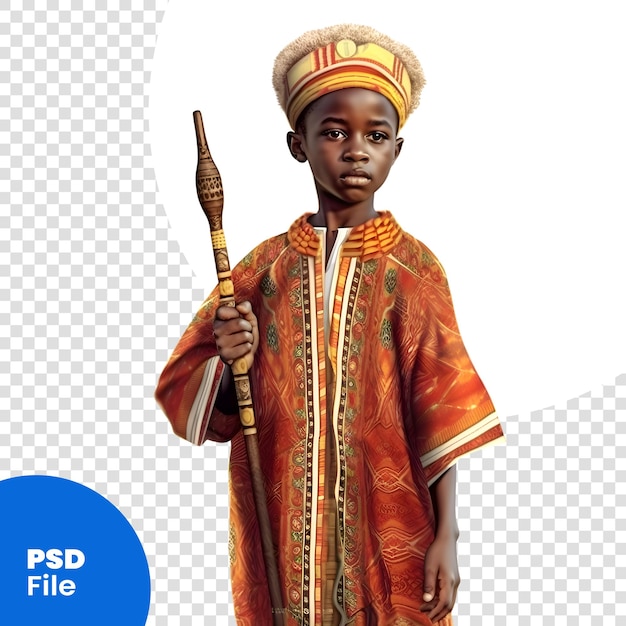 PSD afrikanischer junge in traditioneller kleidung isoliert auf weißem hintergrund, 3d-rendering-psd-vorlage