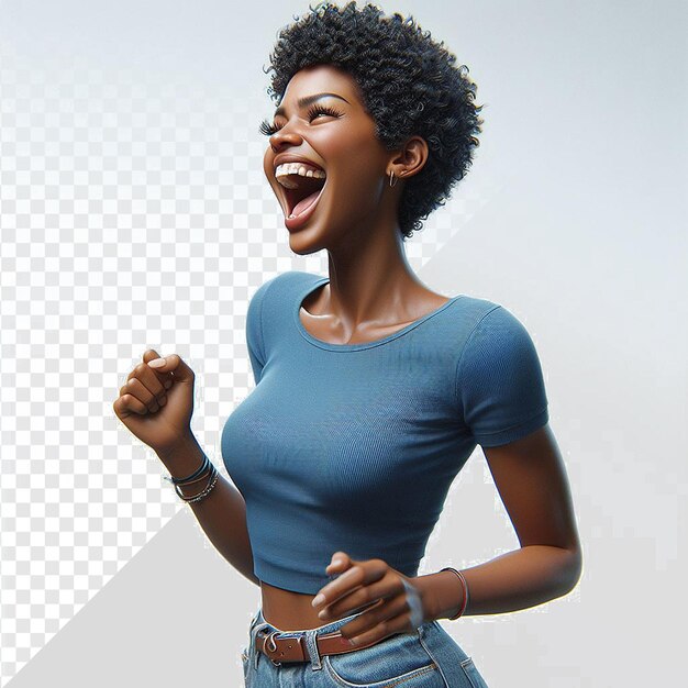 PSD afro-americana beleza dançando rindo rosto casting em roupas de cetim azul em fundo transparente