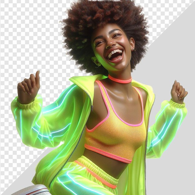 PSD afro-americana beleza dançando rindo rosto moldagem em neon roupas de cetim em fundo transparente