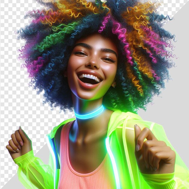 PSD afro-americana beleza dançando rindo rosto moldagem em neon roupas de cetim em fundo transparente