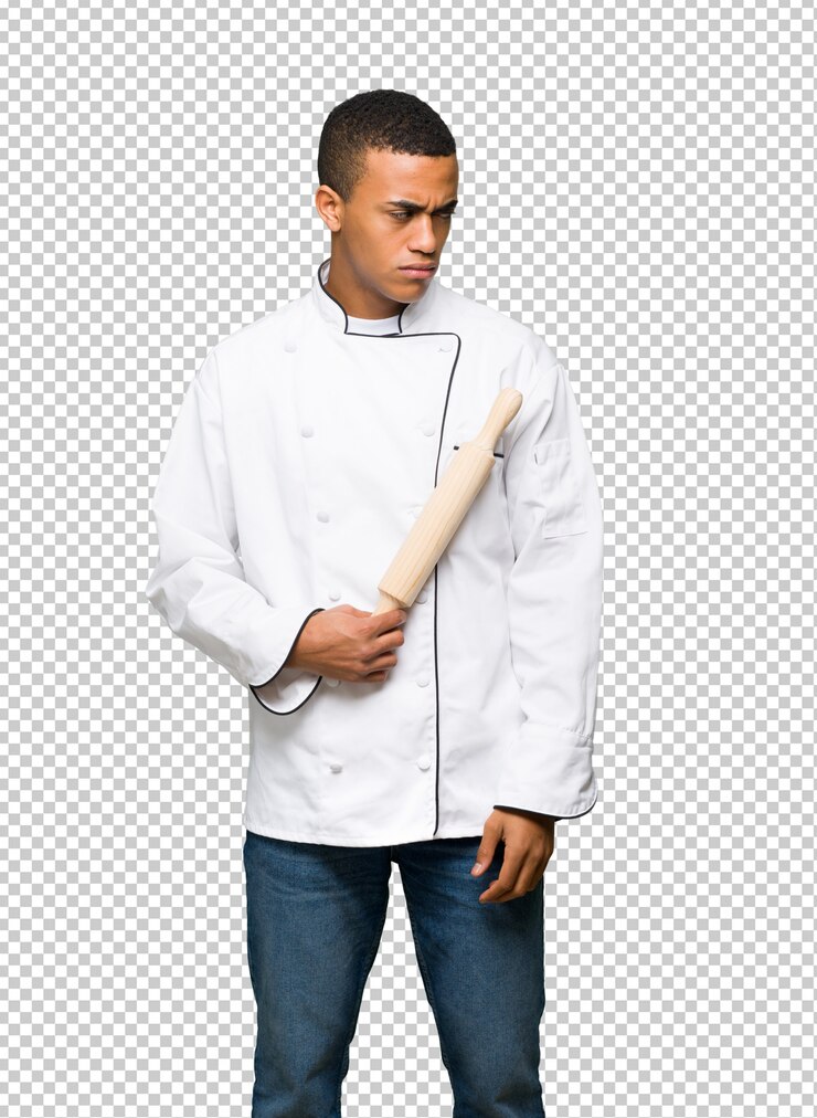 PSD afro americano jovem chef sentimento chateado