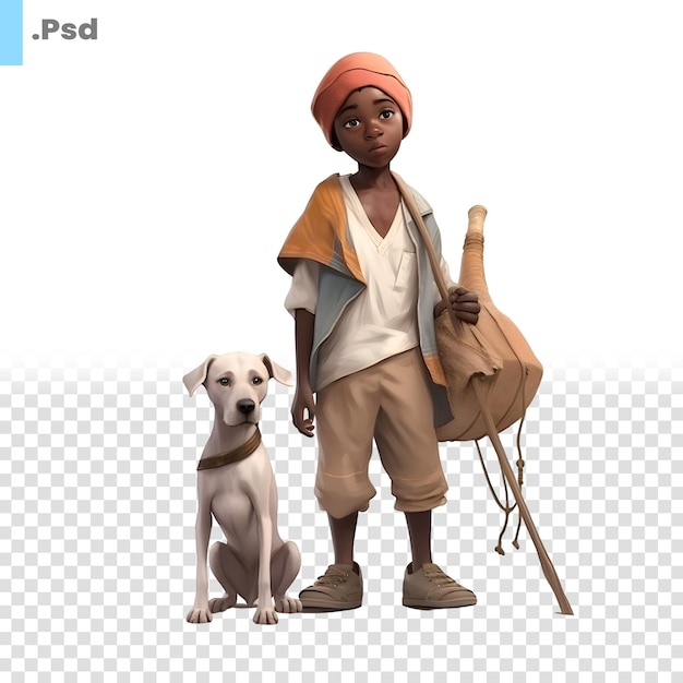 PSD afroamerikanischer junge mit hund isoliert auf weißem hintergrund 3d-illustration psd-vorlage