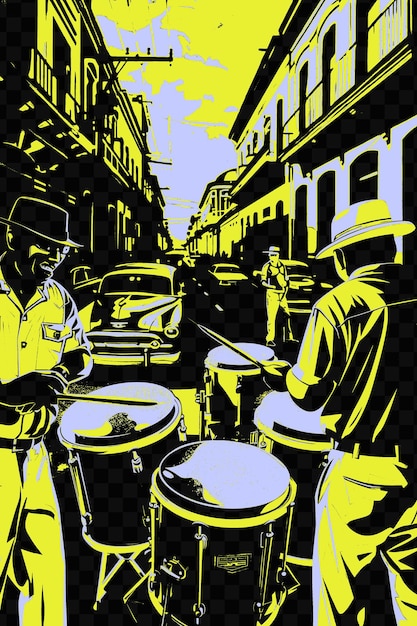 Afrocubanos percusionistas tocando en una calle de la habana con cl cartel de cartel del día mundial de la música