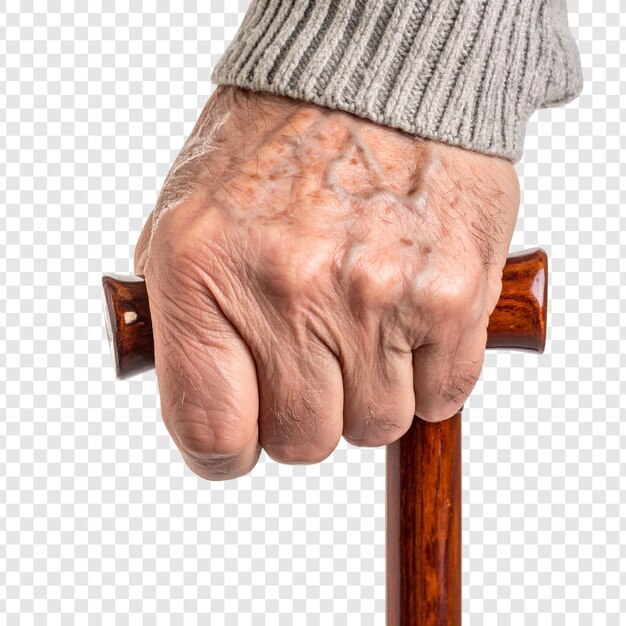 Aged hand holding walking stick elderly support closeup image