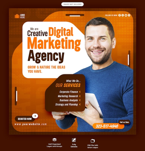 Agência de marketing digital e banner de mídia social corporativa ou modelo de postagem no Instagram