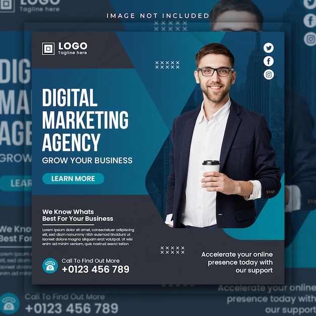 Agência de marketing digital e mídia social de negócios corporativos postam modelo de banner quadrado