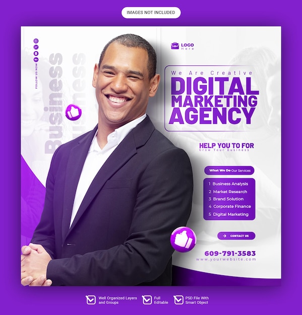 Agência de marketing digital e modelo de banner de postagem de Instagram ou mídia social corporativa