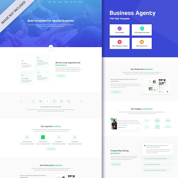 Agência de negócios Web Interface PSD. Web design de uma página
