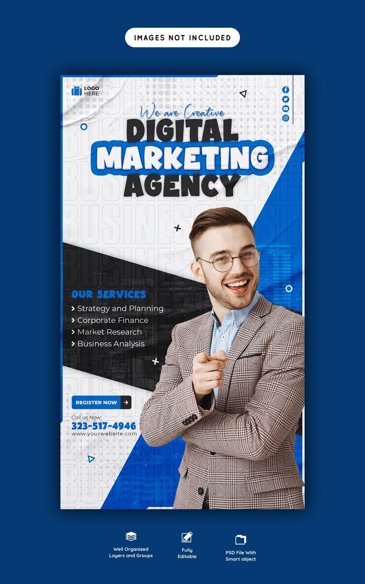 PSD agencia de marketing digital y plantilla de historia corporativa de facebook e instagram