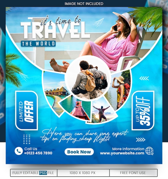 PSD agencia de viajes publicación en las redes sociales diseño de plantillas de playa de verano viajes de turismo viajes de vacaciones