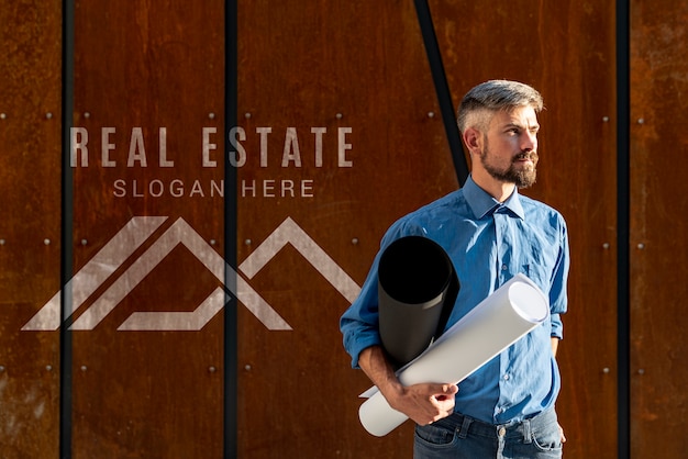 Agent homme tenant des plans pour le nouveau bâtiment