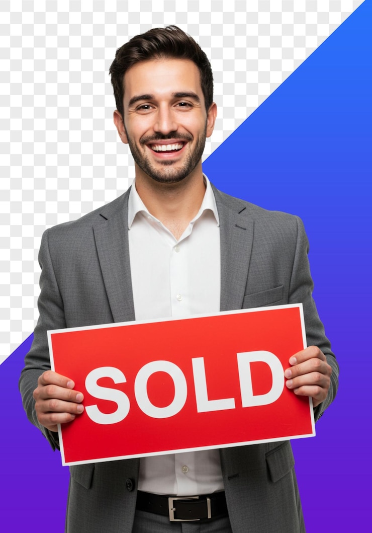 PSD un agent immobilier heureux tenant un panneau de vente