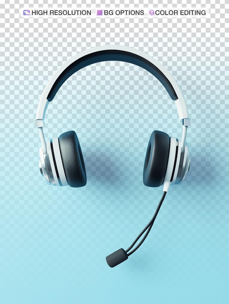 PSD agente profesional de servicio al cliente con auriculares en fondo azul claro