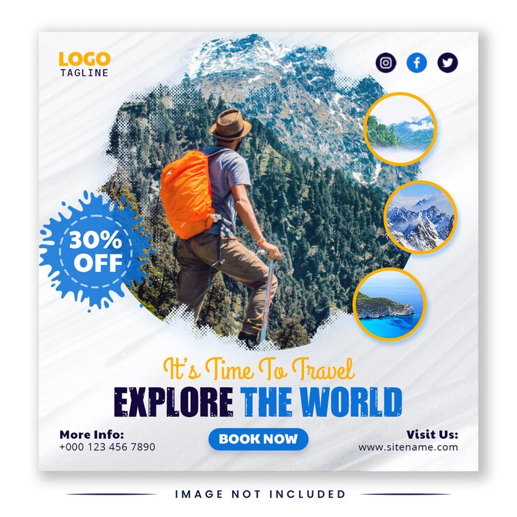 Agente de viajes y turismo Plantilla de banner de publicación de promoción de Instagram en redes sociales