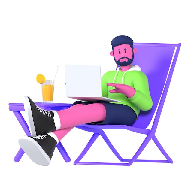 Agenzia di personaggi 3D maschile Smart Working godersi il lavoro da qualsiasi luogo