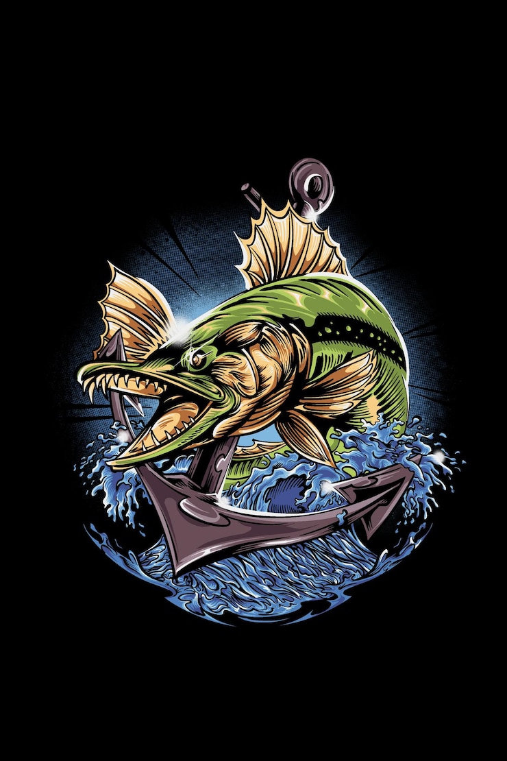 PSD aggressive pike with anchor and waves