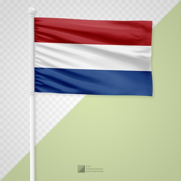 Agitando a bandeira holandesa em um poste de metal branco isolado em um fundo transparente