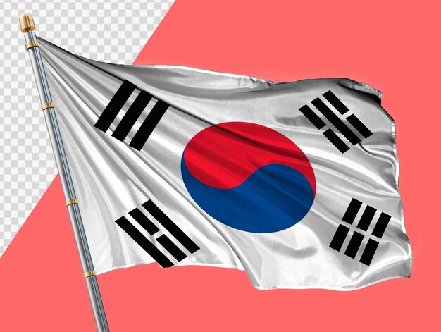 PSD agitando la bandera de corea del sur en un asta de bandera de metal renderización de alta calidad en un fondo transparente