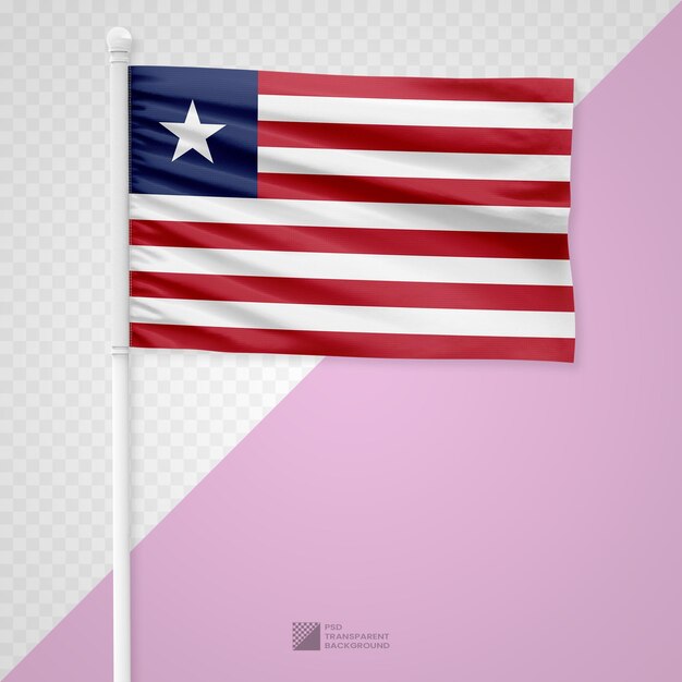 Agitando la bandera de Liberia en un poste de metal blanco aislado sobre un fondo transparente