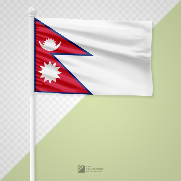 PSD agitando la bandera de nepal en un poste de metal blanco aislado sobre un fondo transparente