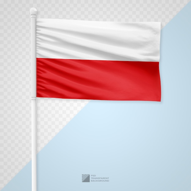 Agitando la bandera de Polonia en un poste de metal blanco aislado sobre un fondo transparente