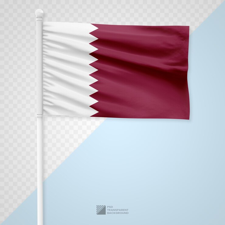 PSD agitando la bandera de qatar en un poste de metal blanco aislado sobre un fondo transparente