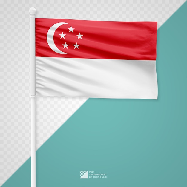 PSD agitando la bandera de singapur en un poste de metal blanco aislado sobre un fondo transparente