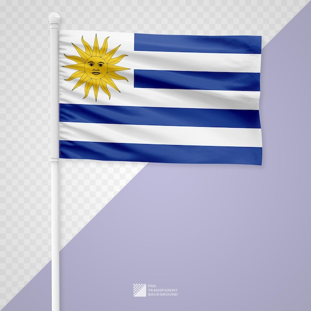Agitando la bandera de Uruguay en un poste de metal blanco aislado sobre un fondo transparente