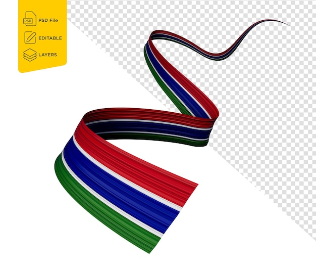 PSD agitando una cinta o una bandera con la bandera del día de la independencia de gambia sobre un fondo blanco ilustración en 3d