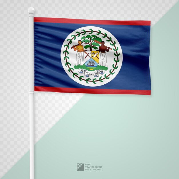 Agitant le drapeau du Belize sur un poteau en métal blanc isolé sur un fond transparent