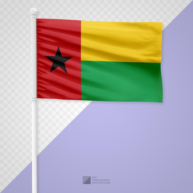 PSD agitant le drapeau de la guinée-bissau sur un poteau en métal blanc isolé sur un fond transparent