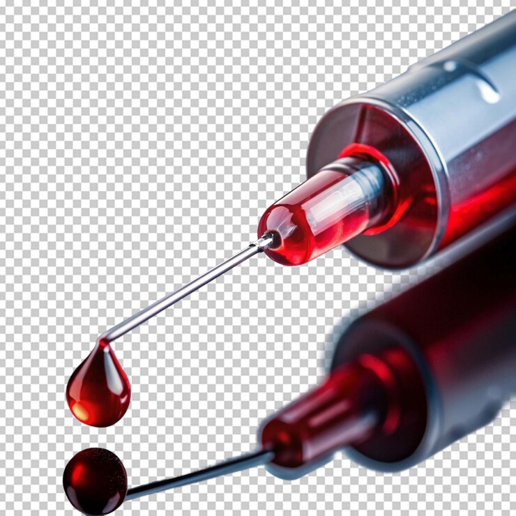 PSD ago a siringa con goccia di sangue vista macro
