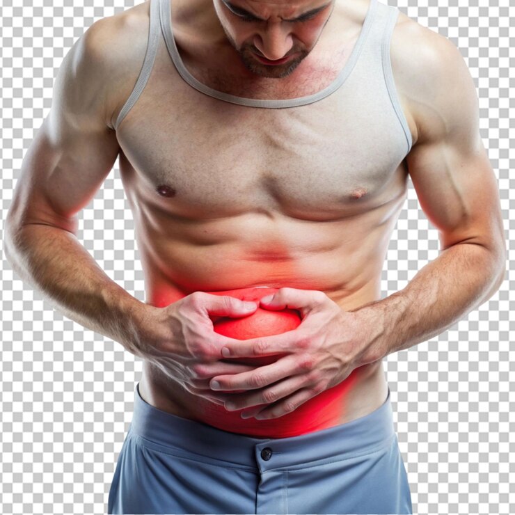 PSD agonía abdominal el calambre y el dolor punzante del estómago malestar en un fondo transparente