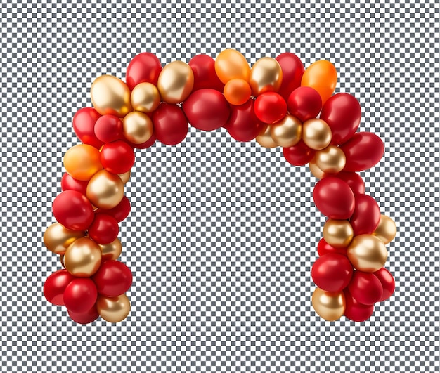 Un agradable arco de globo rojo y dorado aislado sobre un fondo transparente