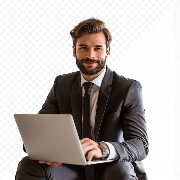 PSD agradable hombre de negocios positivo usando laptop